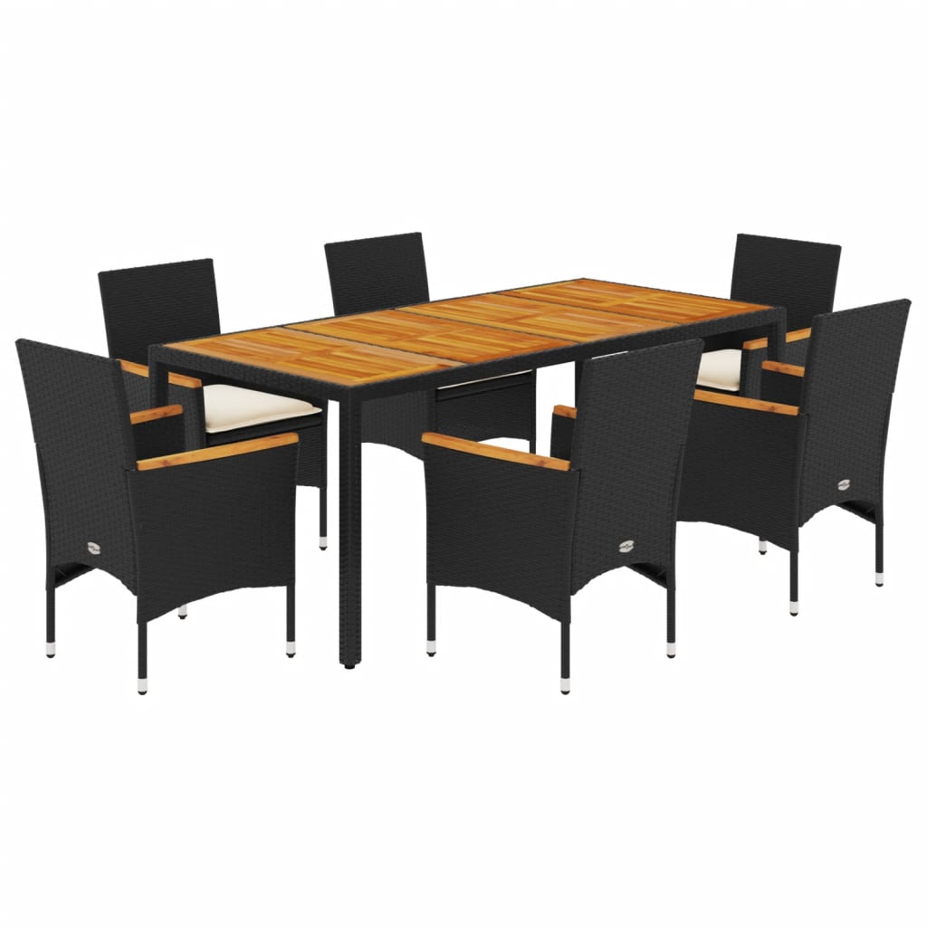 Set Pranzo da Giardino 7 pz Nero con Cuscini Polyrattan Acacia