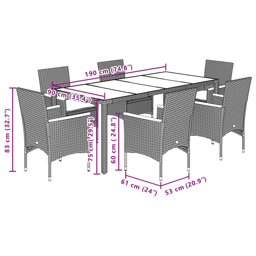 Set Pranzo da Giardino 7 pz Nero con Cuscini Polyrattan Acacia