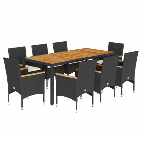 Set Pranzo da Giardino 9 pz con Cuscini Nero Polyrattan Acacia