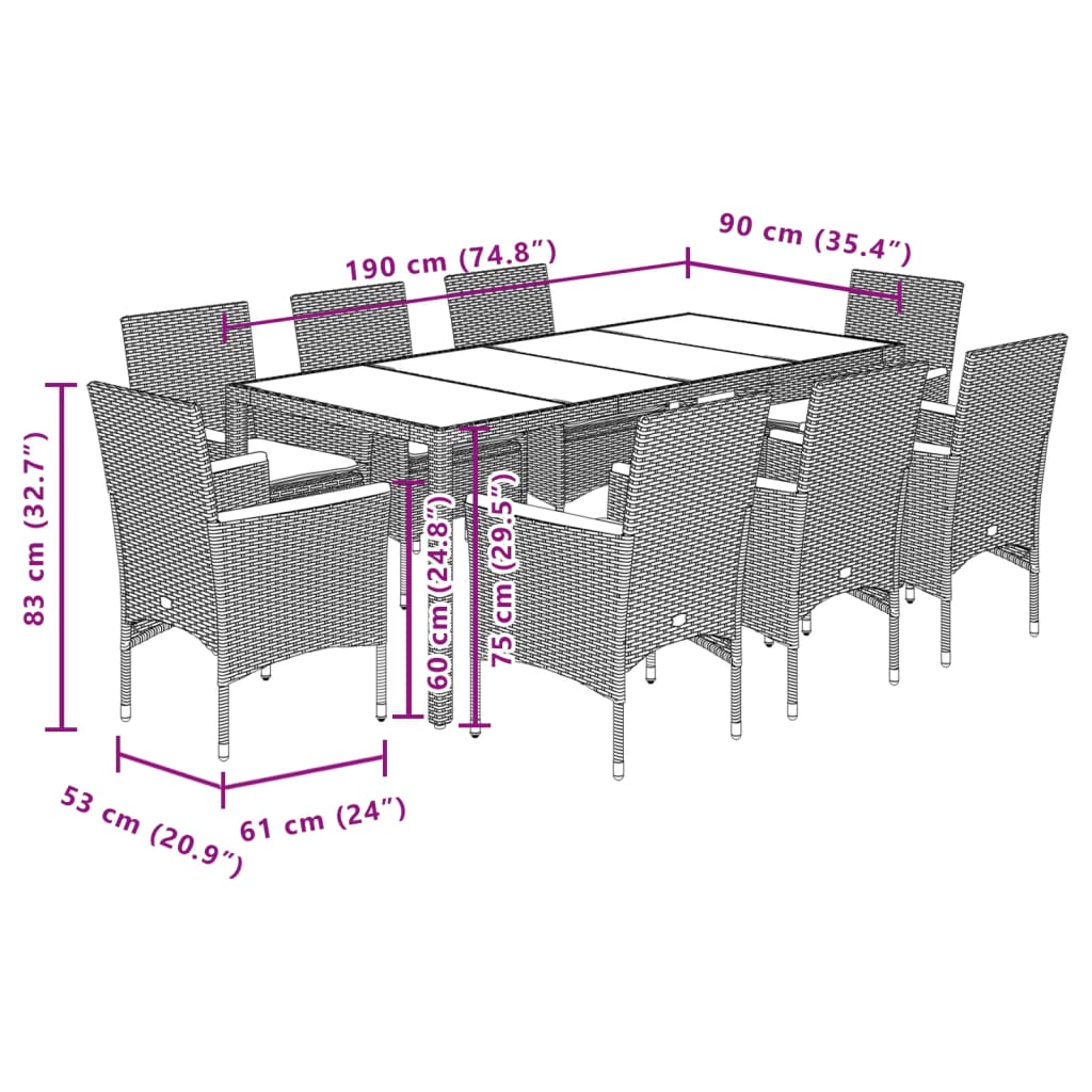 Set Pranzo da Giardino 9 pz con Cuscini Nero Polyrattan Acacia