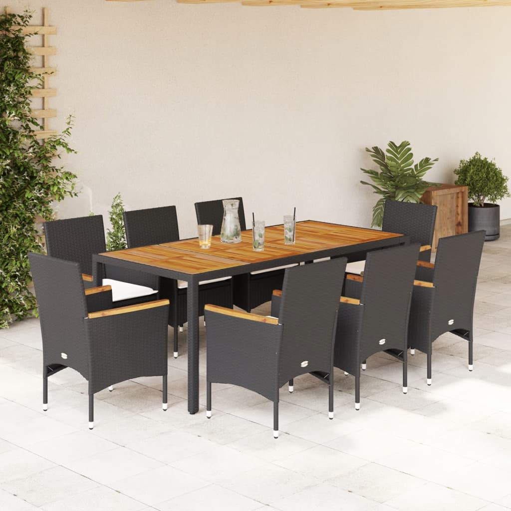 Set Pranzo da Giardino 9 pz con Cuscini Nero Polyrattan Acacia