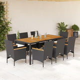 Set Pranzo da Giardino 9 pz con Cuscini Nero Polyrattan Acacia