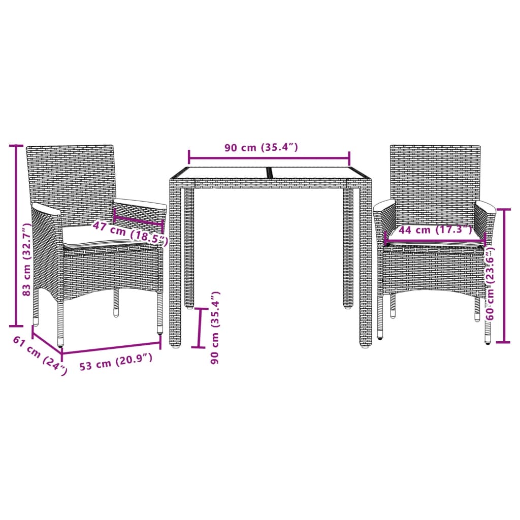 Set Pranzo da Giardino 3pz con Cuscini Polyrattan Acacia Grigio