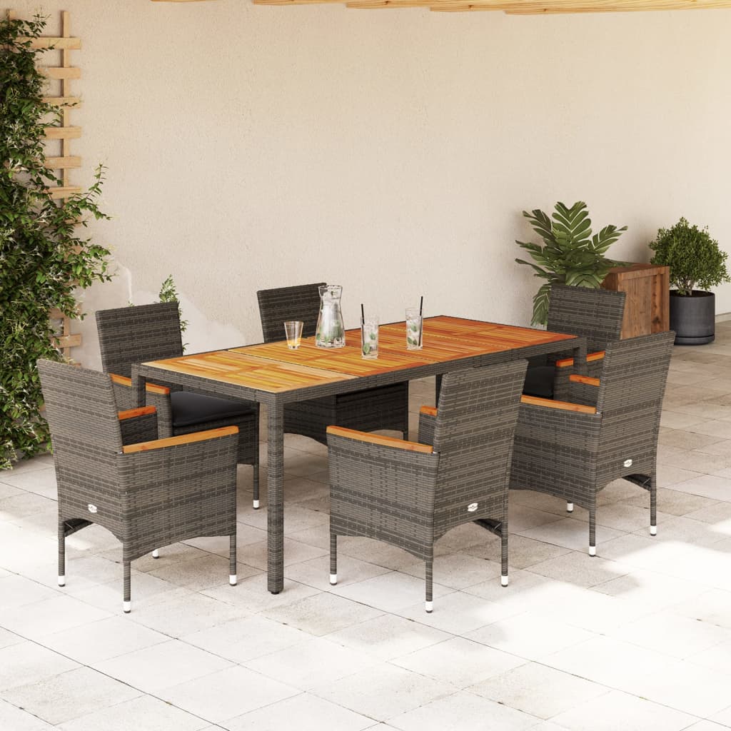 Set Pranzo da Giardino 7pz con Cuscini Polyrattan Acacia Grigio