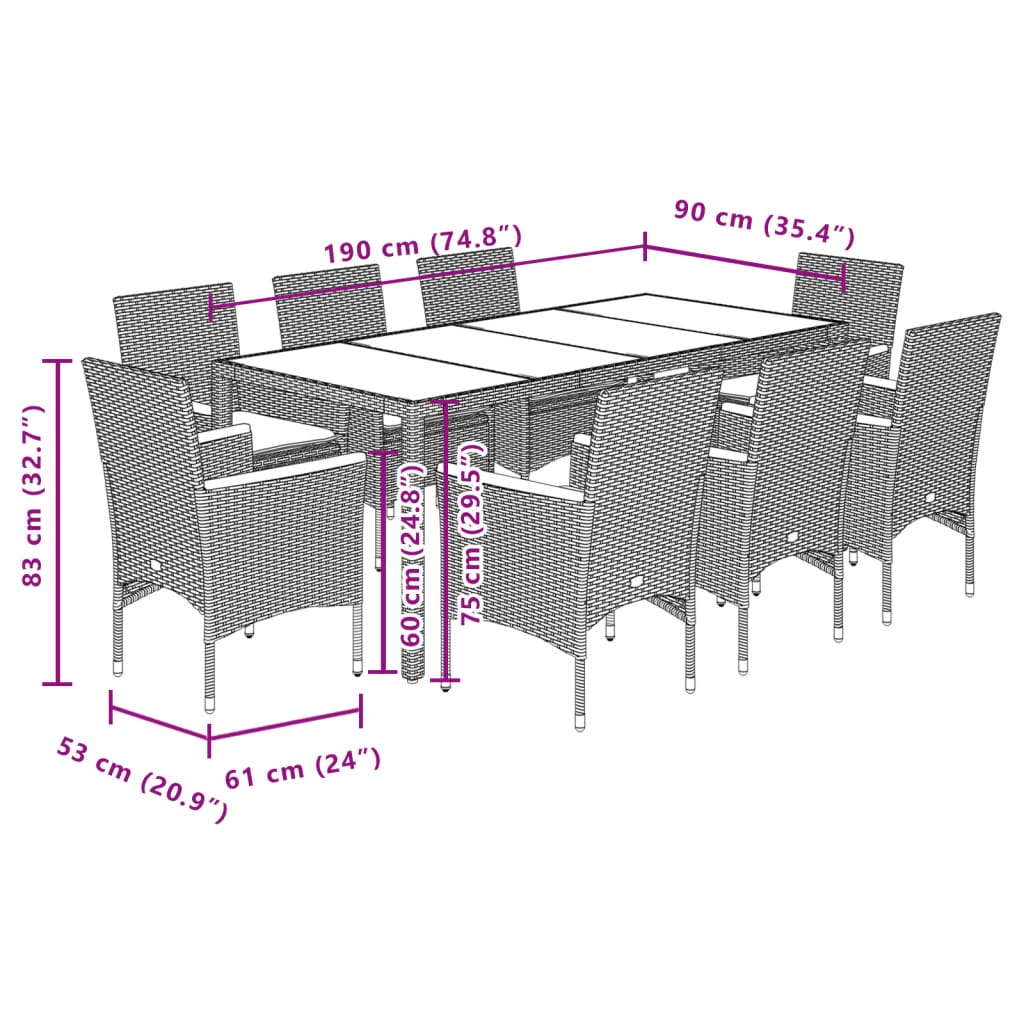 Set Pranzo da Giardino 9pz con Cuscini Polyrattan Acacia Grigio