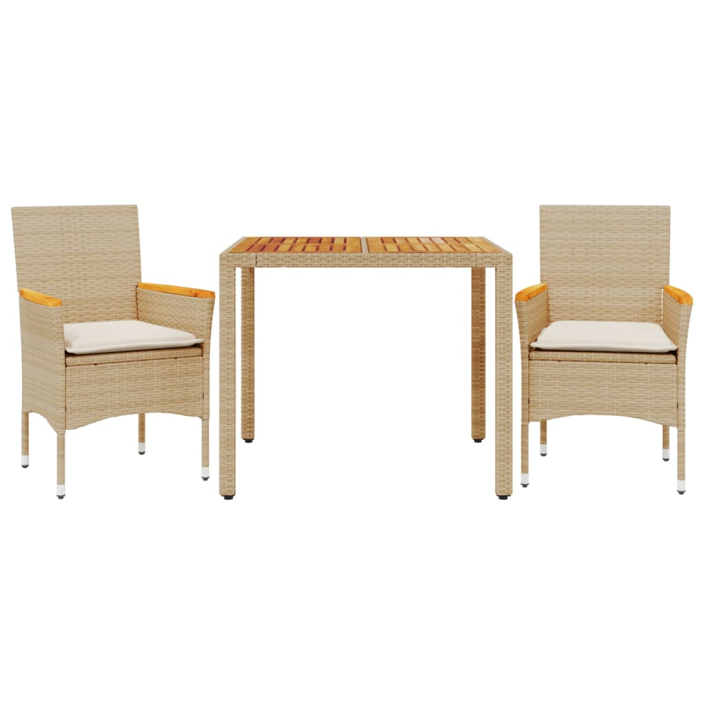 Set Pranzo da Giardino 3pz con Cuscini Beige Polyrattan Acacia