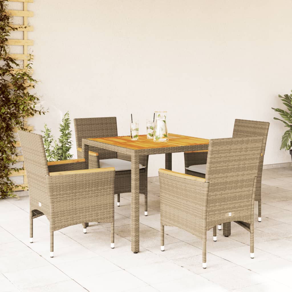 Set Pranzo da Giardino 5 pz con Cuscini Beige Polyrattan Acacia