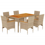 Set Pranzo da Giardino 7pz con Cuscini Beige Polyrattan Acacia