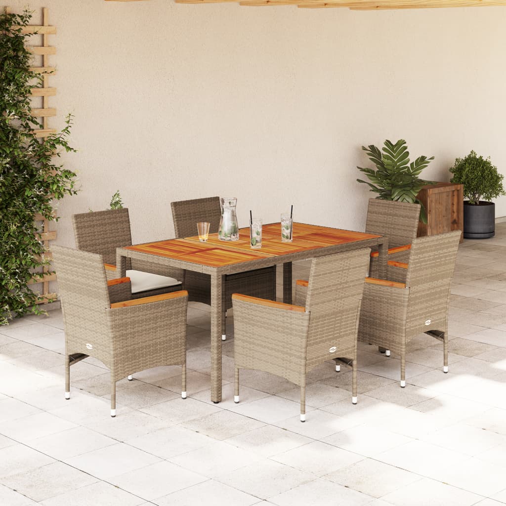 Set Pranzo da Giardino 7pz con Cuscini Beige Polyrattan Acacia