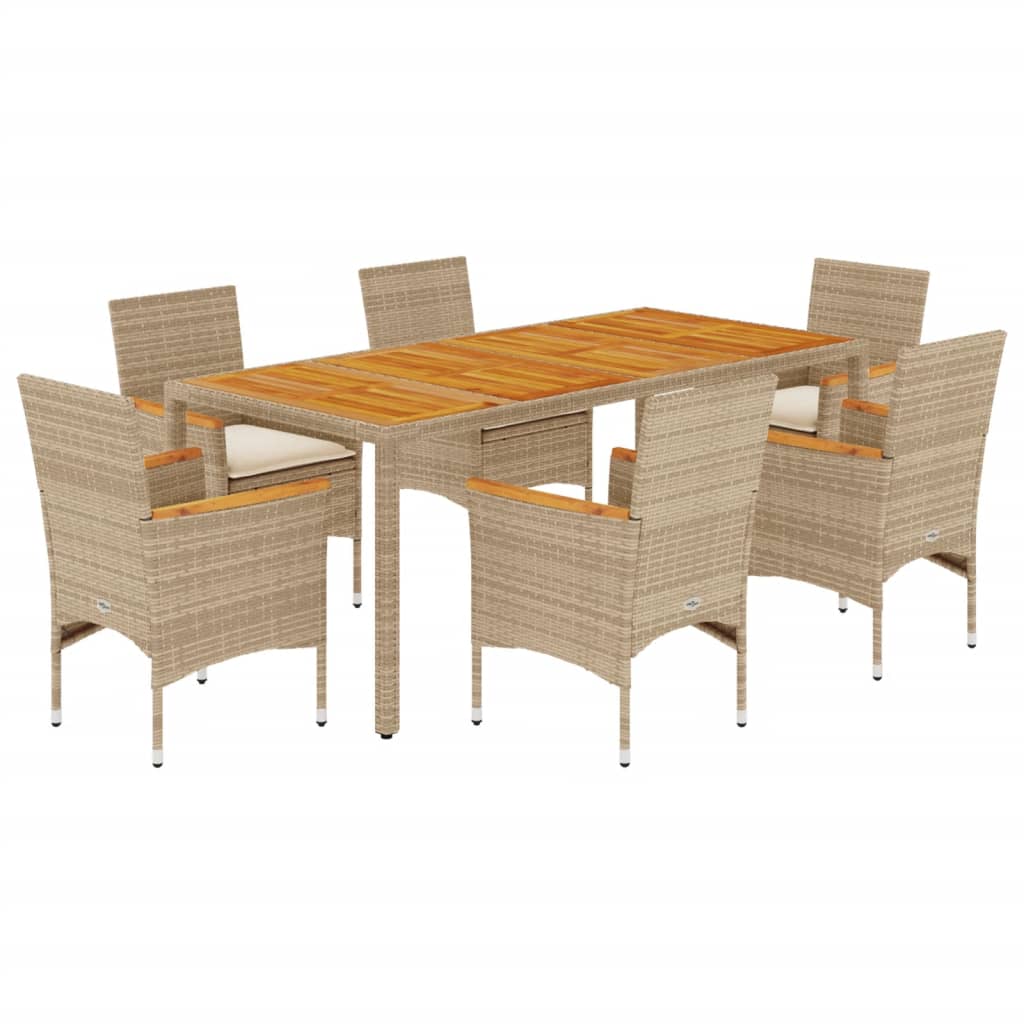 Set Pranzo da Giardino 7 pz con Cuscini Beige Polyrattan Acacia