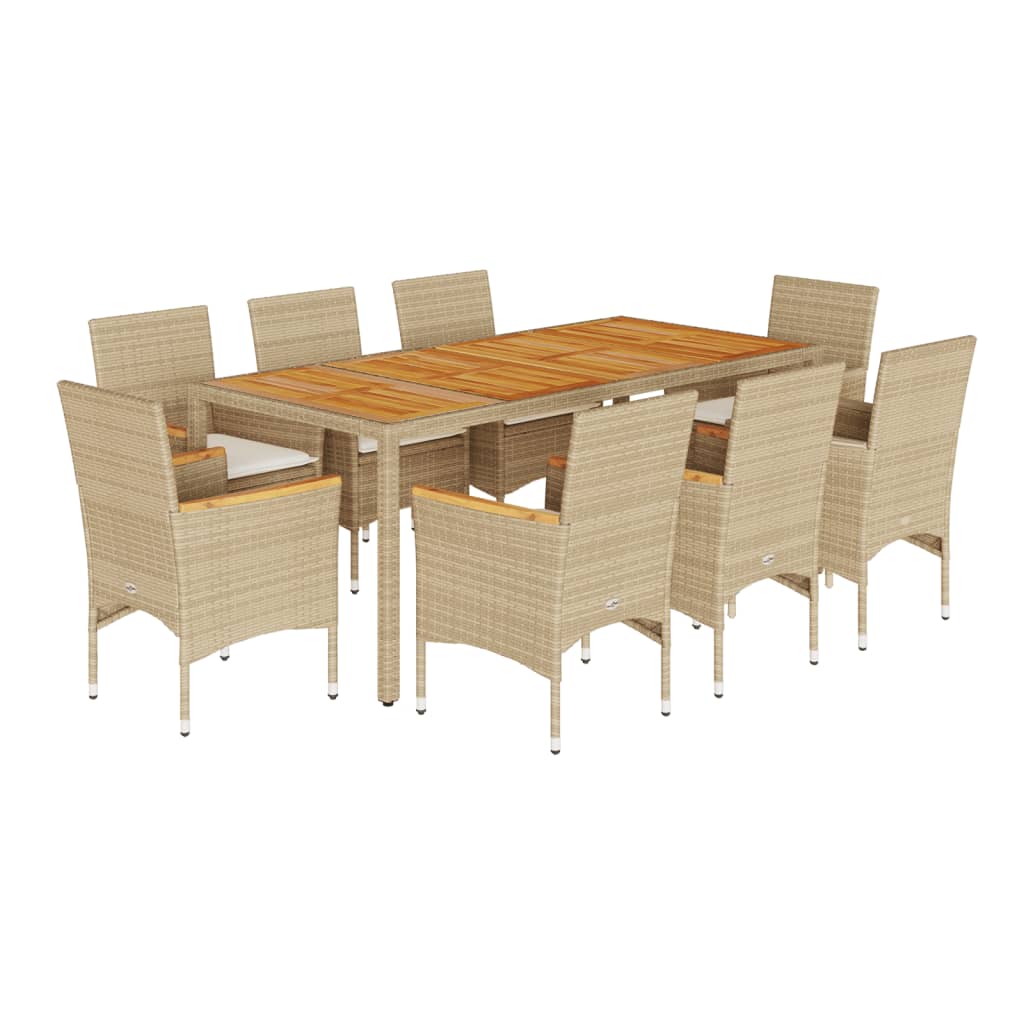 Set Pranzo da Giardino 9 pz con Cuscini Beige Polyrattan Acacia