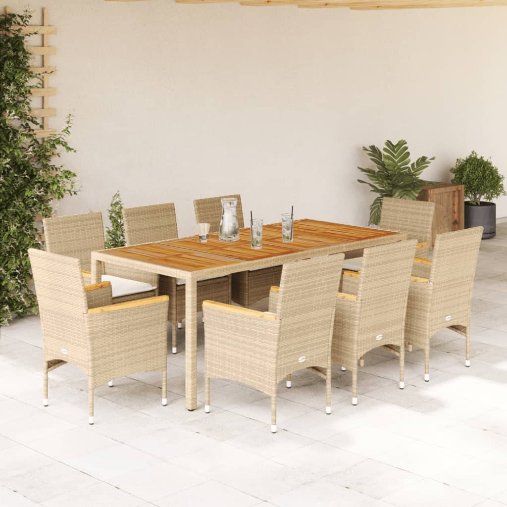 Set Pranzo da Giardino 9 pz con Cuscini Beige Polyrattan Acacia