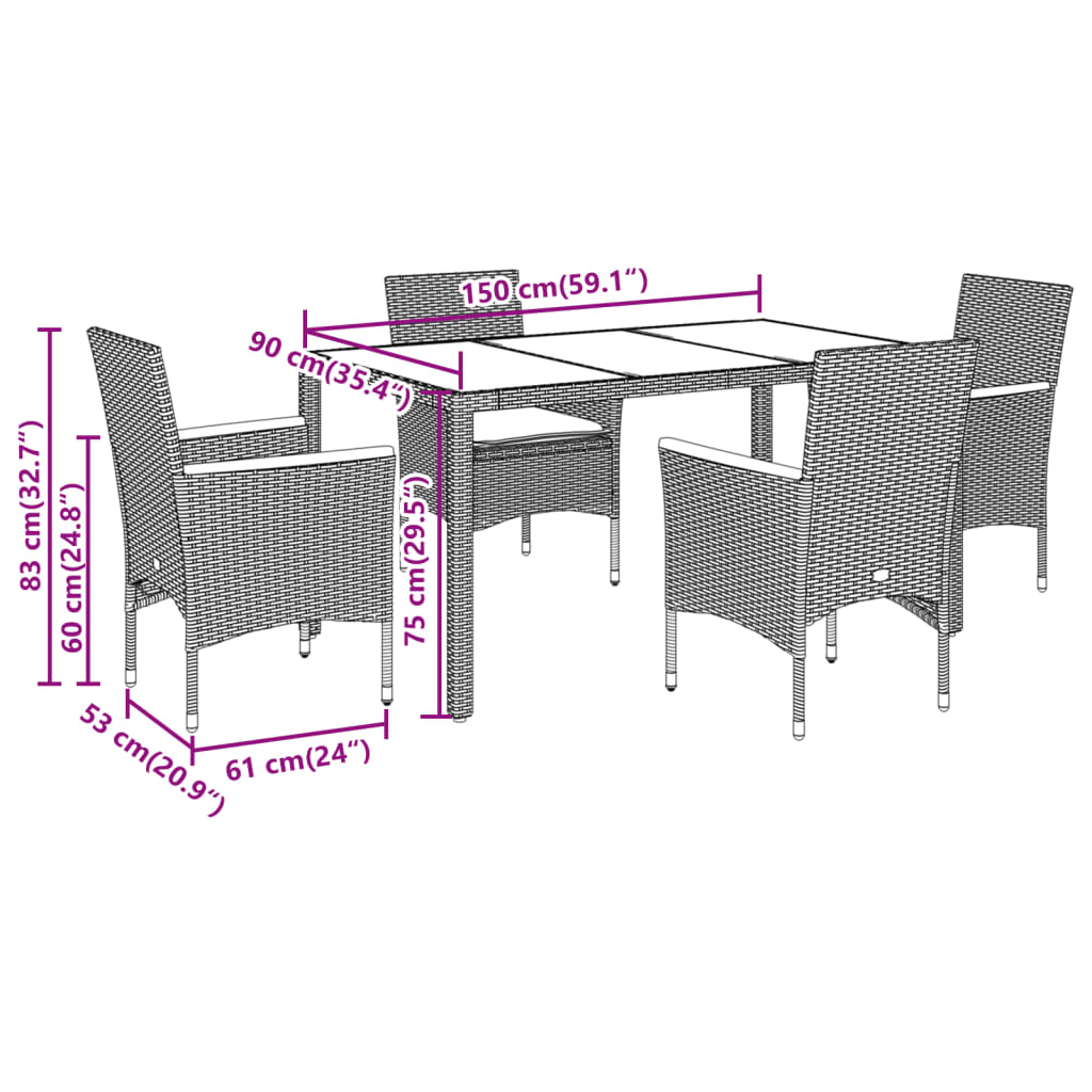 Set da Pranzo da Giardino con Cuscini 5 pz Polyrattan e Vetro