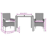 Set da Pranzo da Giardino 3pz con Cuscini in Polyrattan e Vetro