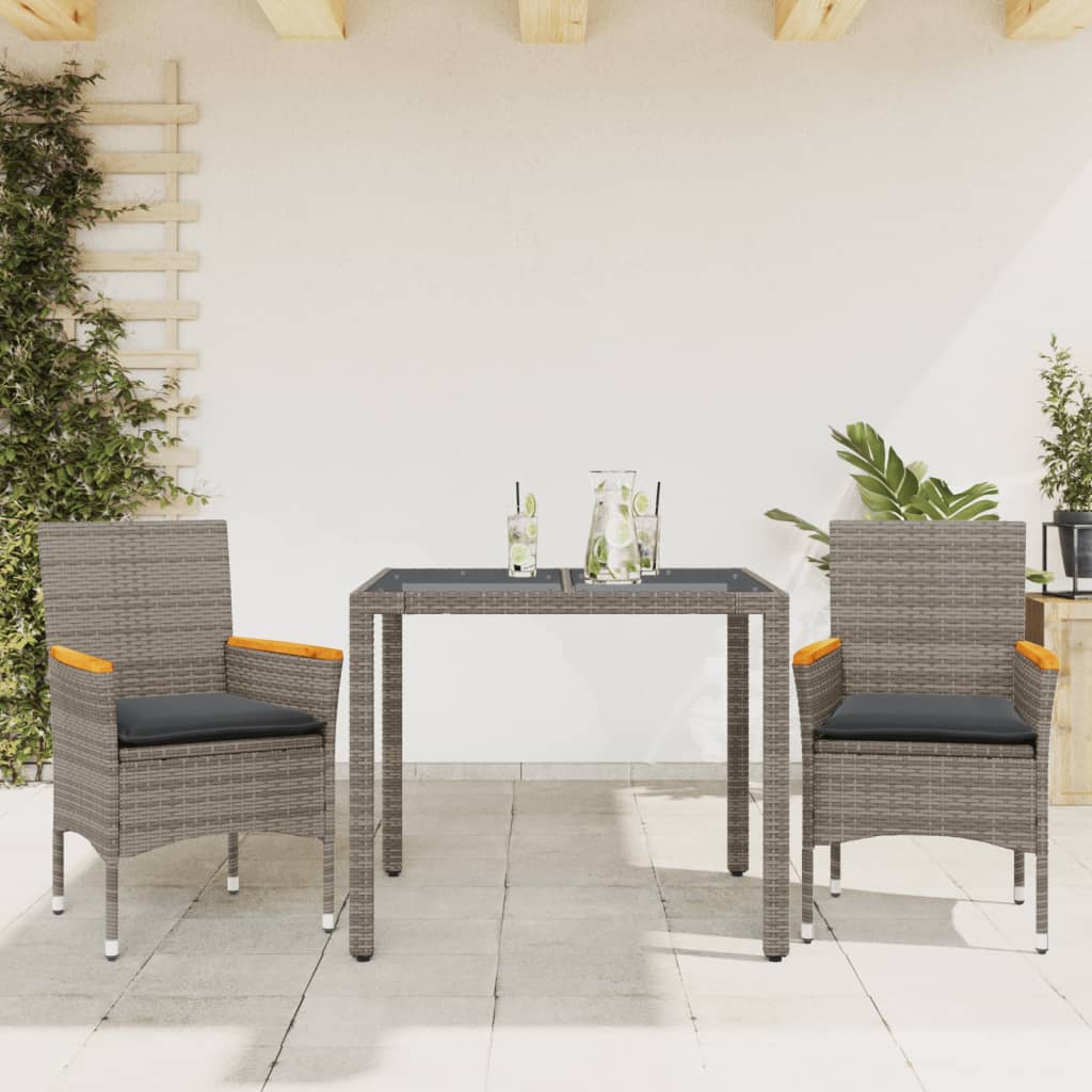 Set da Pranzo da Giardino 3pz con Cuscini in Polyrattan e Vetro