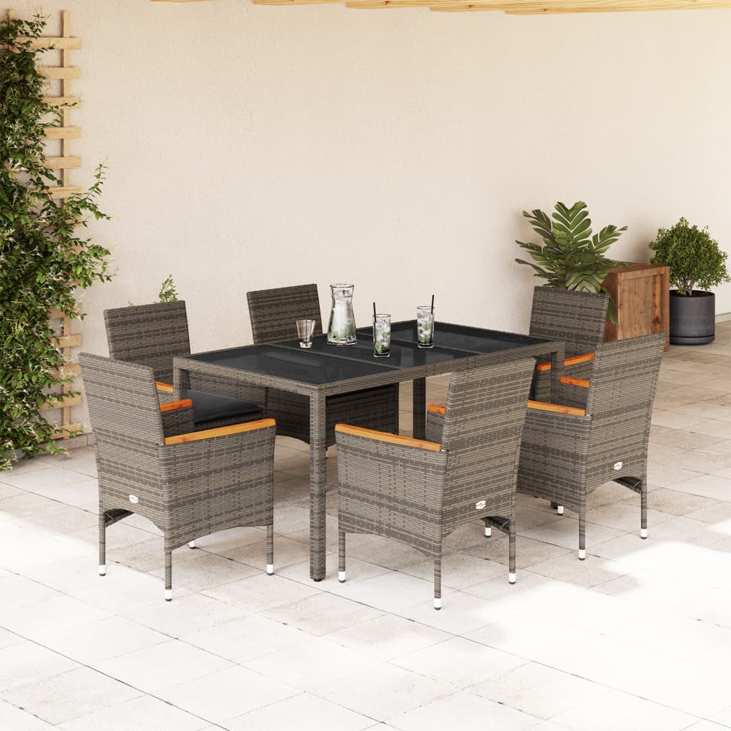 Set da Pranzo da Giardino 7 pz con Cuscini Polyrattan e Vetro