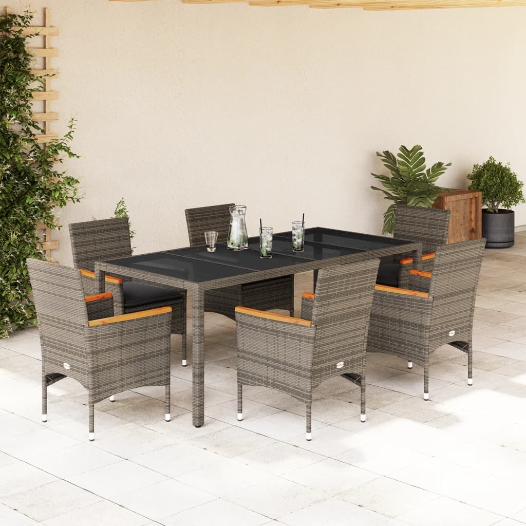 Set da Pranzo da Giardino 7 pz con Cuscini Polyrattan e Vetro