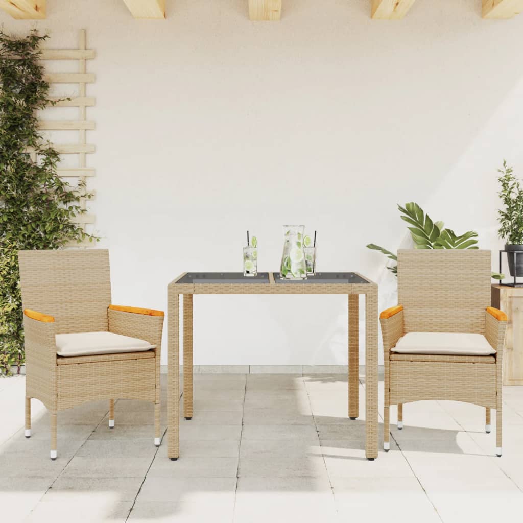 Set da Pranzo da Giardino 3 pz con Cuscini Polyrattan e Vetro