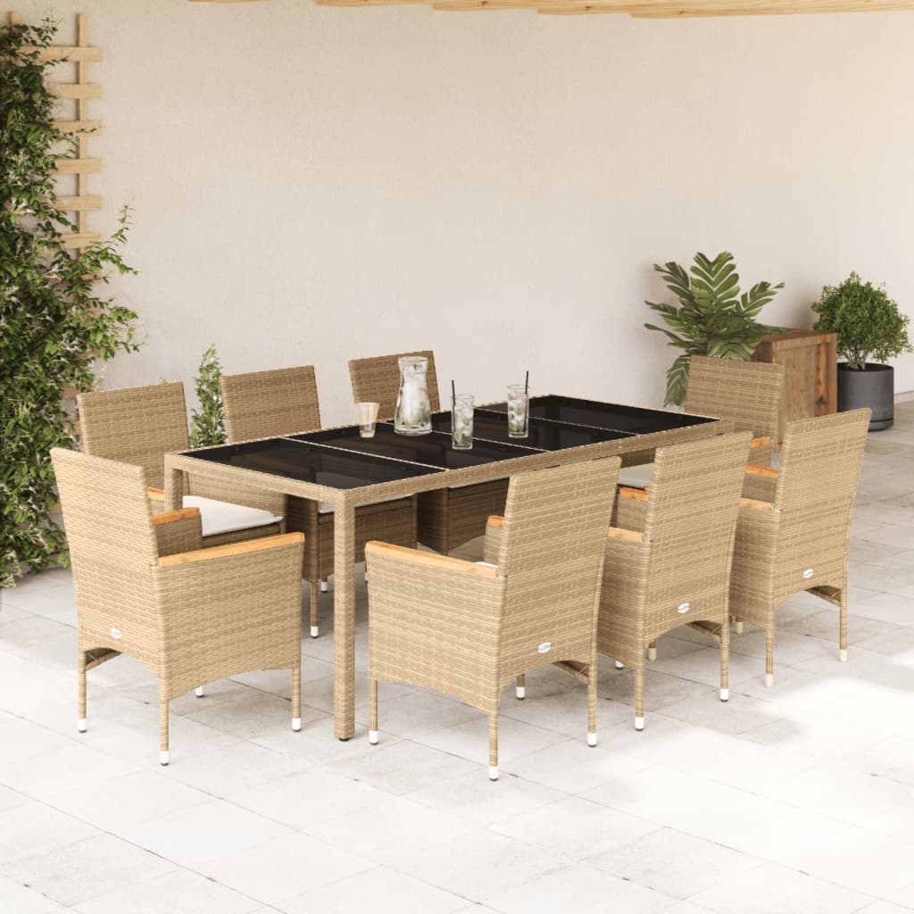 Set da Pranzo da Giardino 9 pz con Cuscini Polyrattan e Vetro