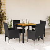 Set Pranzo da Giardino 5 pz con Cuscini Nero Polyrattan Acacia