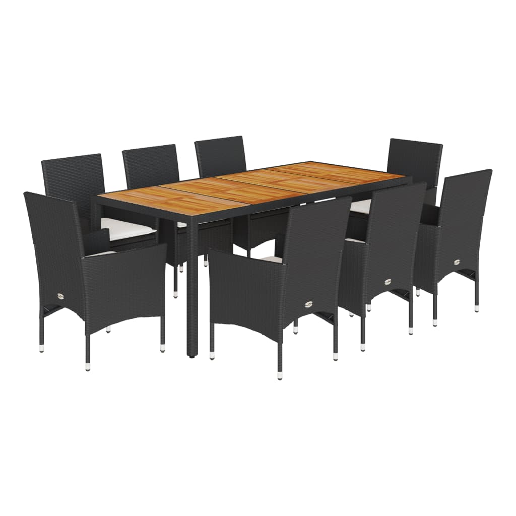 Set Pranzo da Giardino 9 pz con Cuscini Nero Polyrattan Acacia