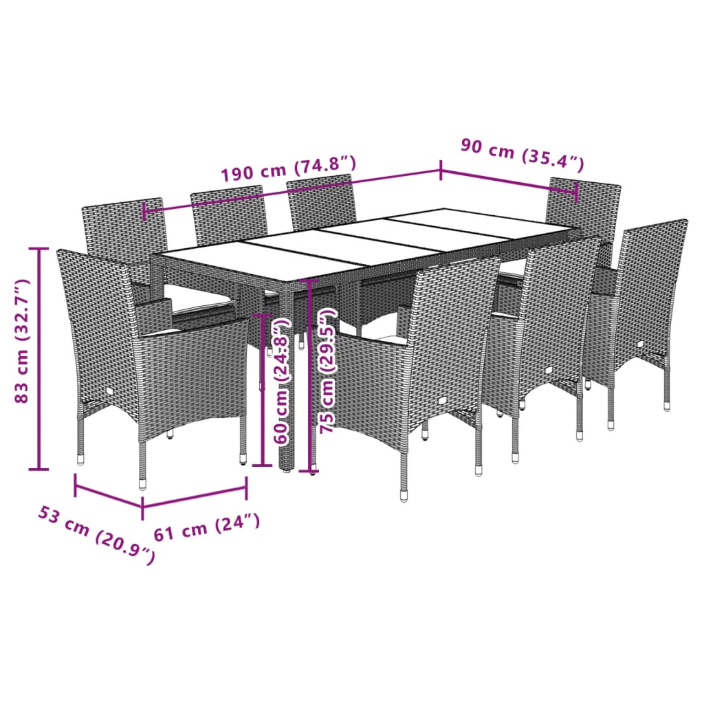 Set Pranzo da Giardino 9 pz con Cuscini Nero Polyrattan Acacia