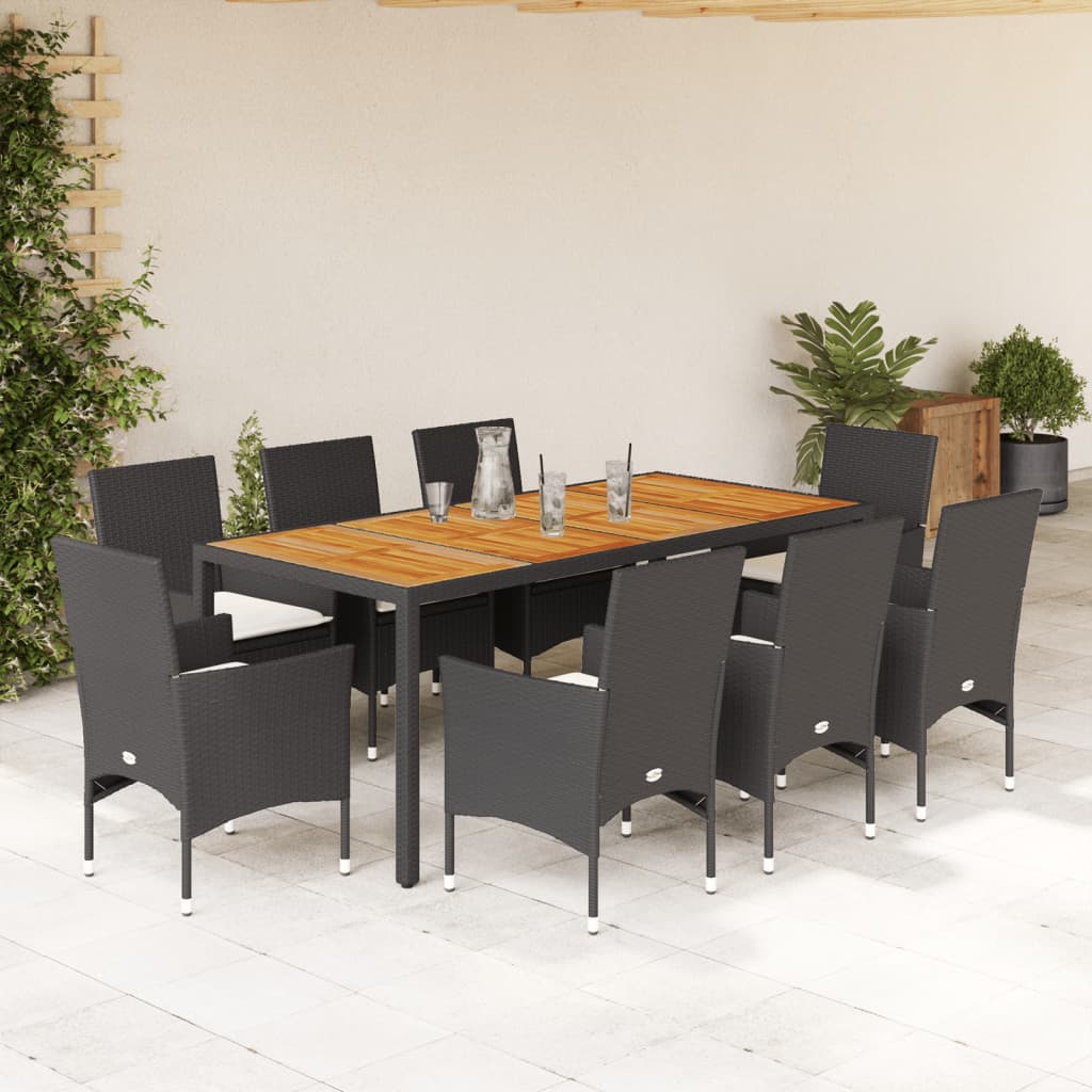 Set Pranzo da Giardino 9 pz con Cuscini Nero Polyrattan Acacia