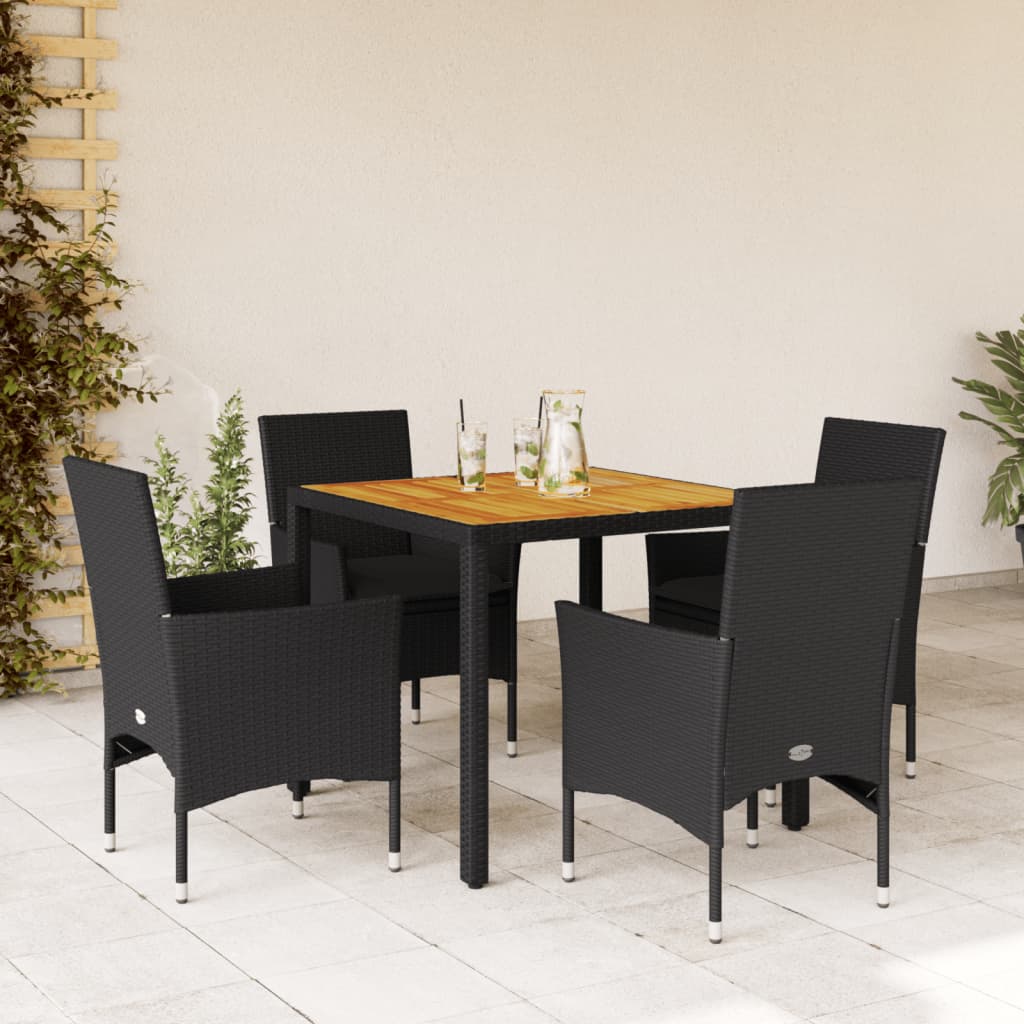 Set Pranzo da Giardino 5 pz con Cuscini Nero Polyrattan Acacia