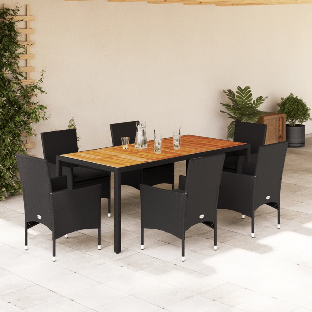 Set Pranzo da Giardino 7 pz Nero con Cuscini Polyrattan Acacia