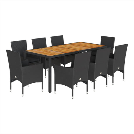 Set Pranzo da Giardino 9 pz con Cuscini Nero Polyrattan Acacia