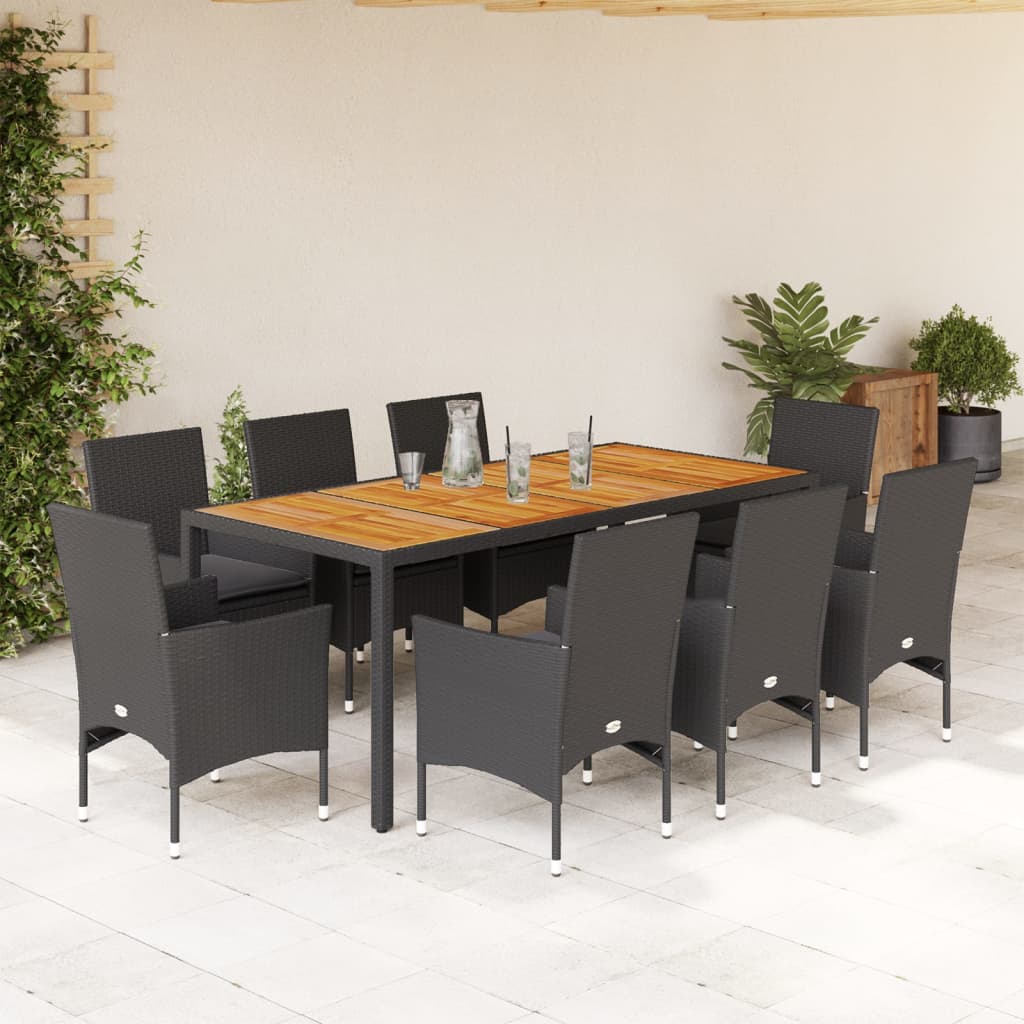 Set Pranzo da Giardino 9 pz con Cuscini Nero Polyrattan Acacia