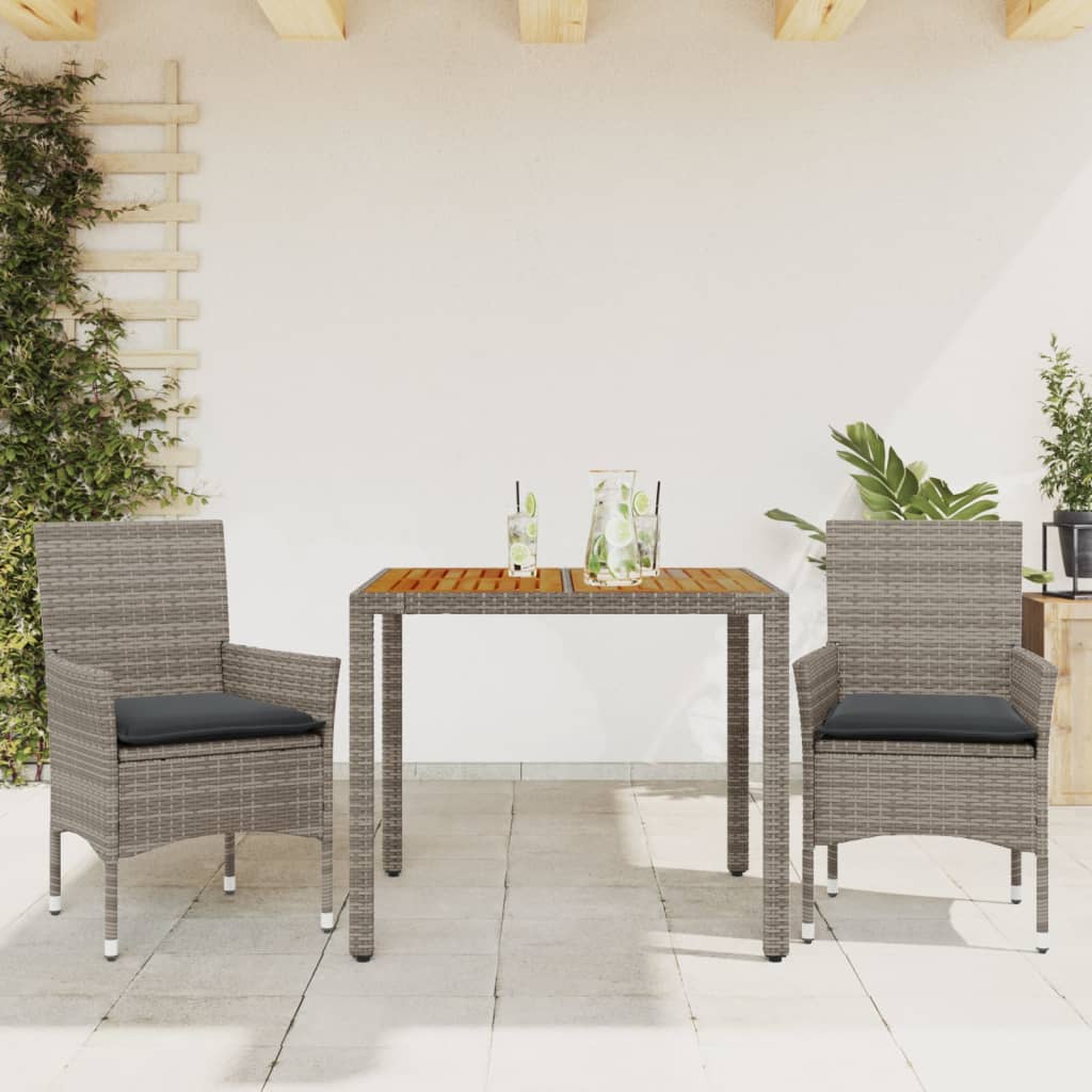 Set Pranzo da Giardino 3pz con Cuscini Polyrattan Acacia Grigio