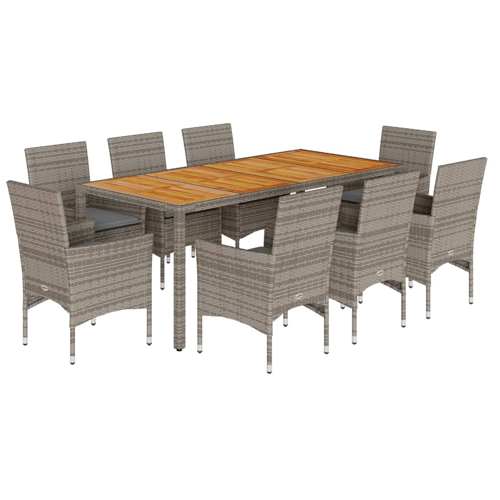 Set Pranzo da Giardino 9pz con Cuscini Polyrattan Acacia Grigio