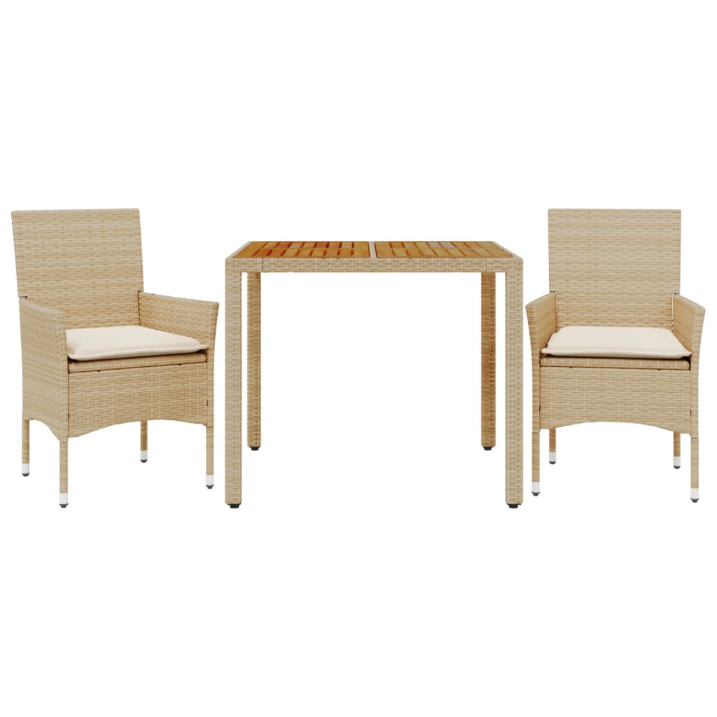 Set Pranzo da Giardino 3 pz con Cuscini Beige Polyrattan Acacia