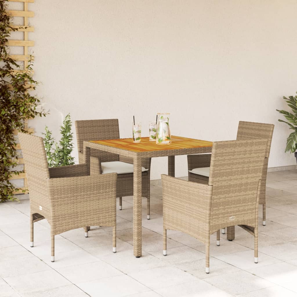 Set Pranzo da Giardino 5 pz con Cuscini Beige Polyrattan Acacia