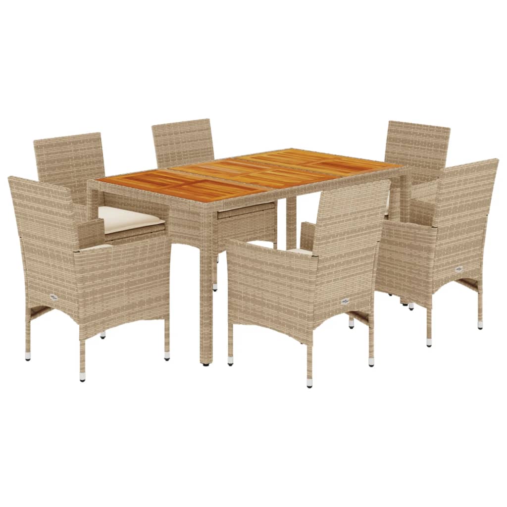 Set Pranzo da Giardino 7 pz con Cuscini Beige Polyrattan Acacia