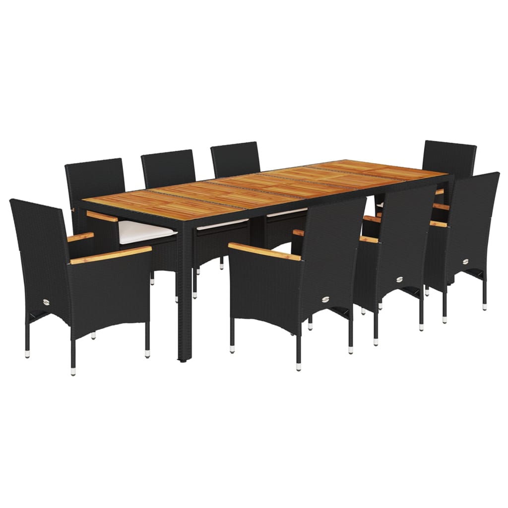 Set Pranzo da Giardino 9 pz con Cuscini Nero Polyrattan Acacia