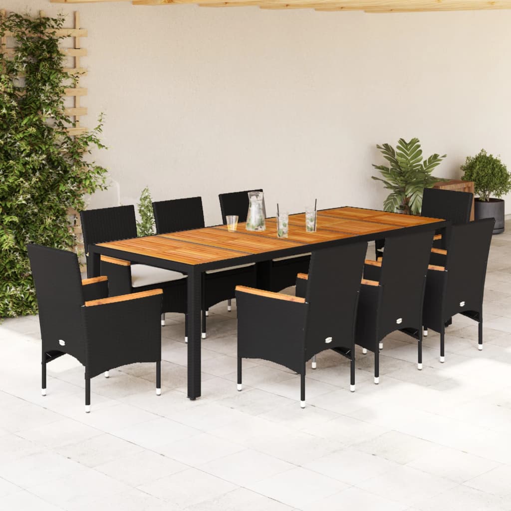 Set Pranzo da Giardino 9 pz con Cuscini Nero Polyrattan Acacia