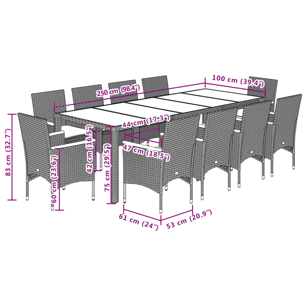 Set Pranzo da Giardino 11 pz con Cuscini Polyrattan Acacia Nero