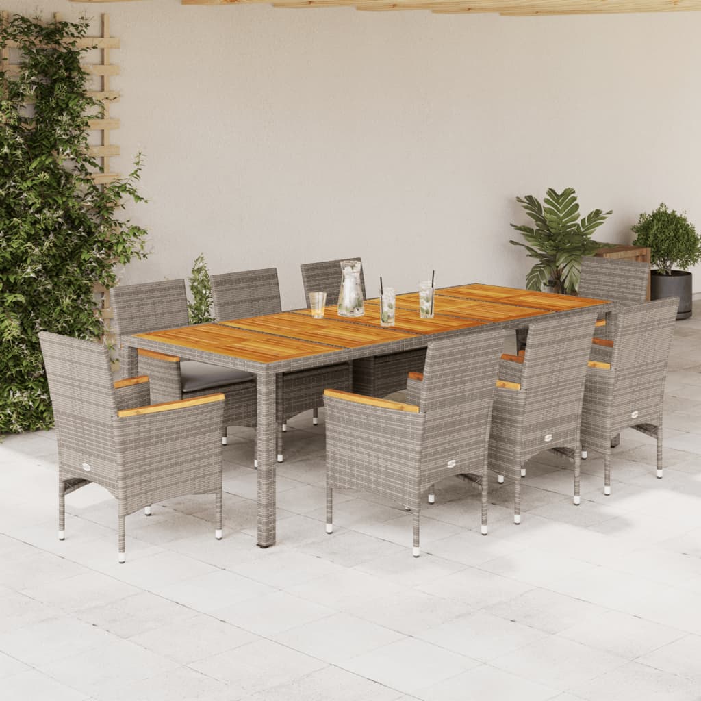 Set Pranzo da Giardino 9pz con Cuscini Polyrattan Acacia Grigio