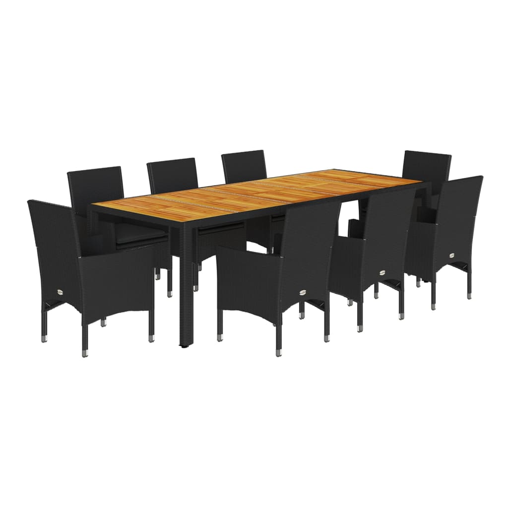 Set Pranzo da Giardino 9 pz con Cuscini Nero Polyrattan Acacia