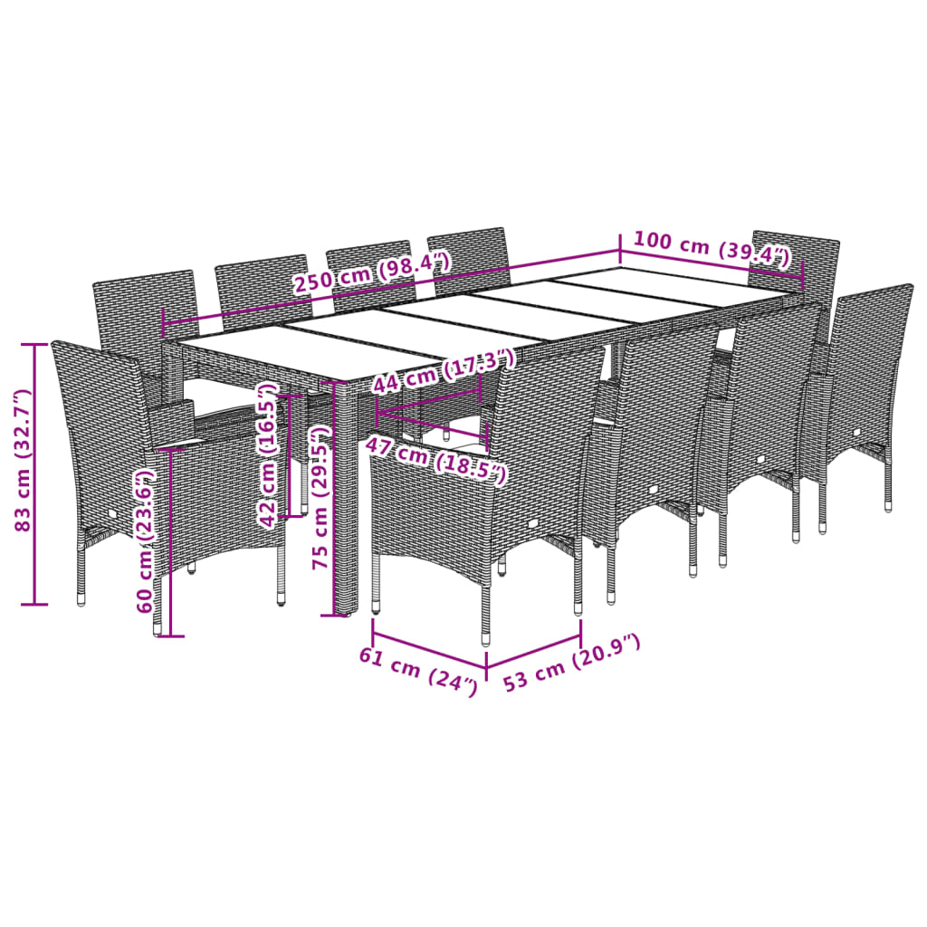 Set Pranzo da Giardino 11 pz con Cuscini Polyrattan Acacia Nero