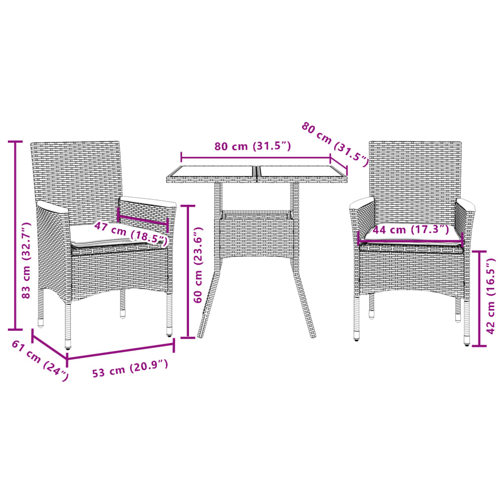 Set Pranzo da Giardino 3pz con Cuscini Polyrattan Acacia Grigio