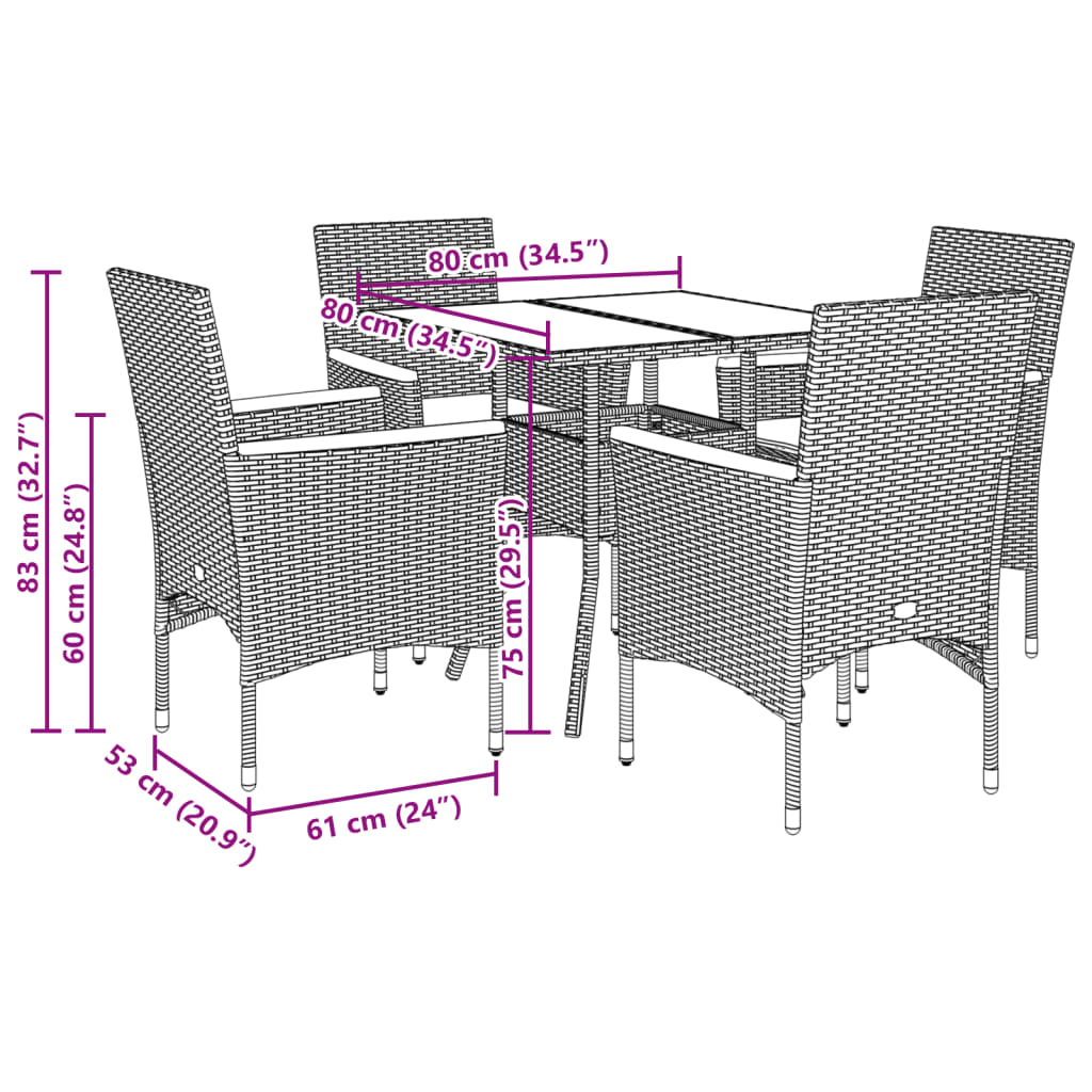 Set Pranzo Giardino 5 pz con Cuscini Grigio Polyrattan Acacia