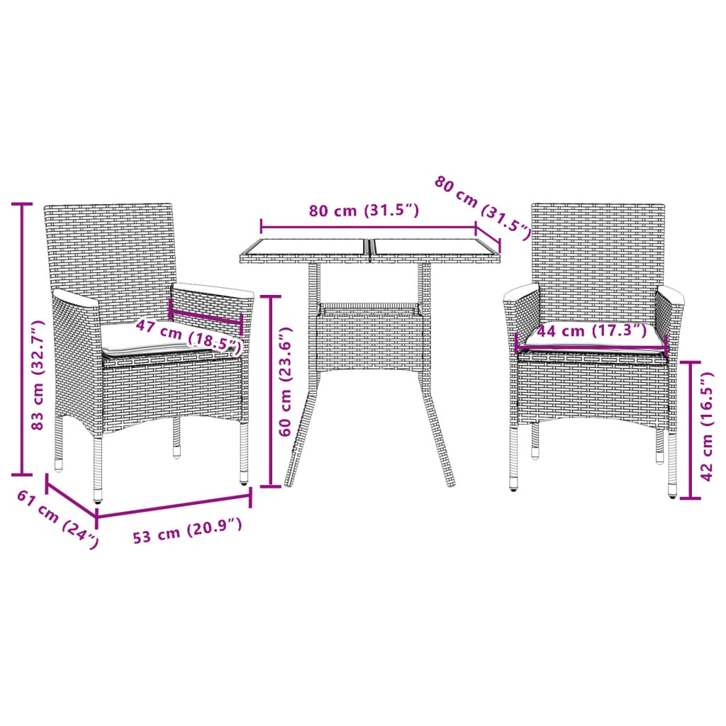 Set da Pranzo da Giardino 3 pz con Cuscini Polyrattan e Vetro