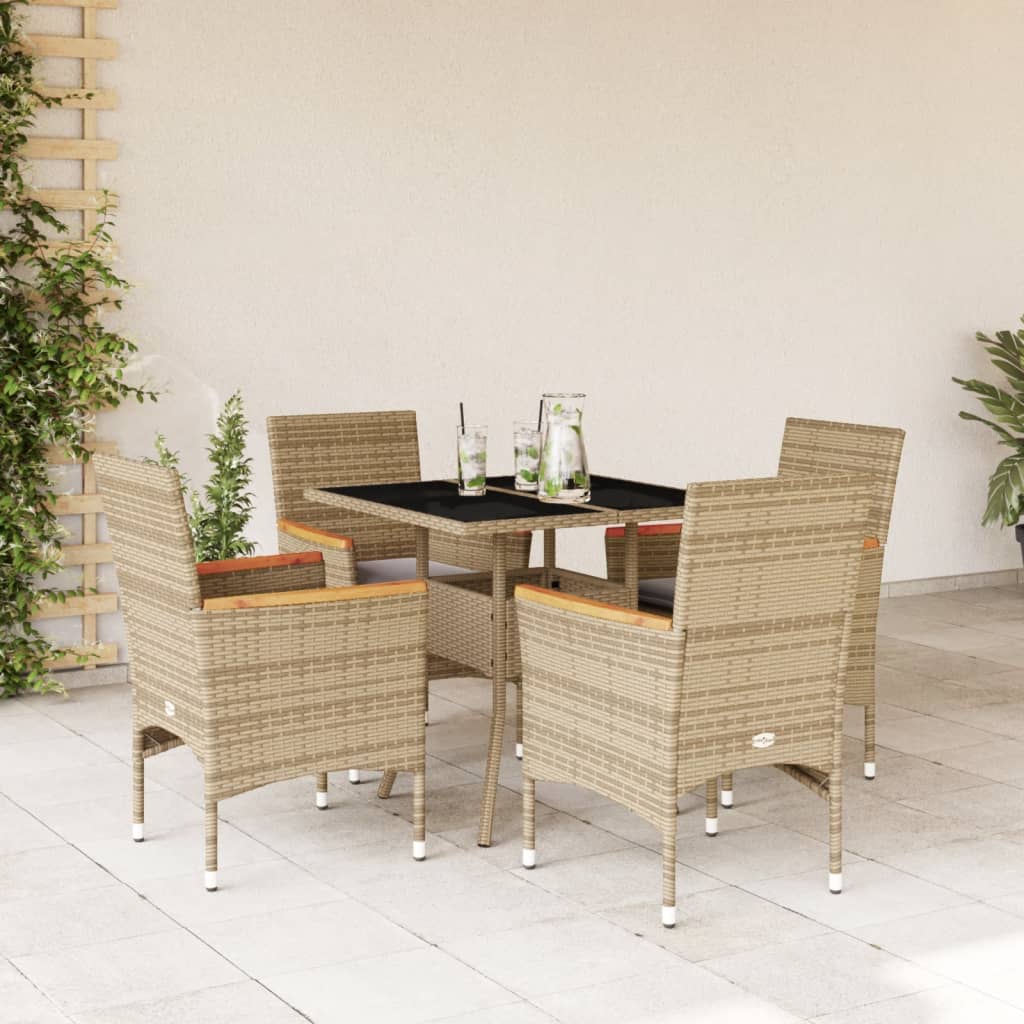 Set da Pranzo da Giardino 5 pz con Cuscini Polyrattan e Vetro