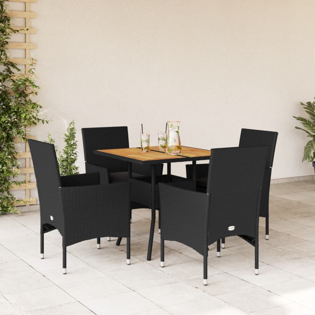 Set Pranzo da Giardino 5 pz con Cuscini Nero Polyrattan Acacia