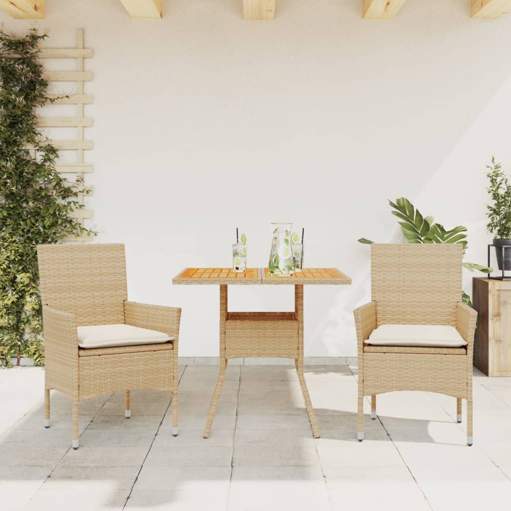 Set Pranzo da Giardino 3 pz con Cuscini Beige Polyrattan Acacia