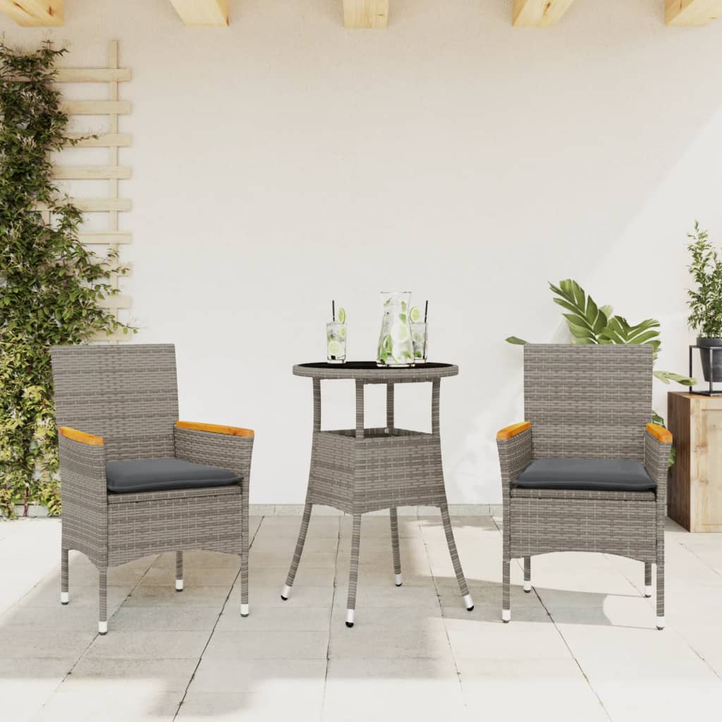 Set da Pranzo da Giardino 3pz con Cuscini in Polyrattan e Vetro