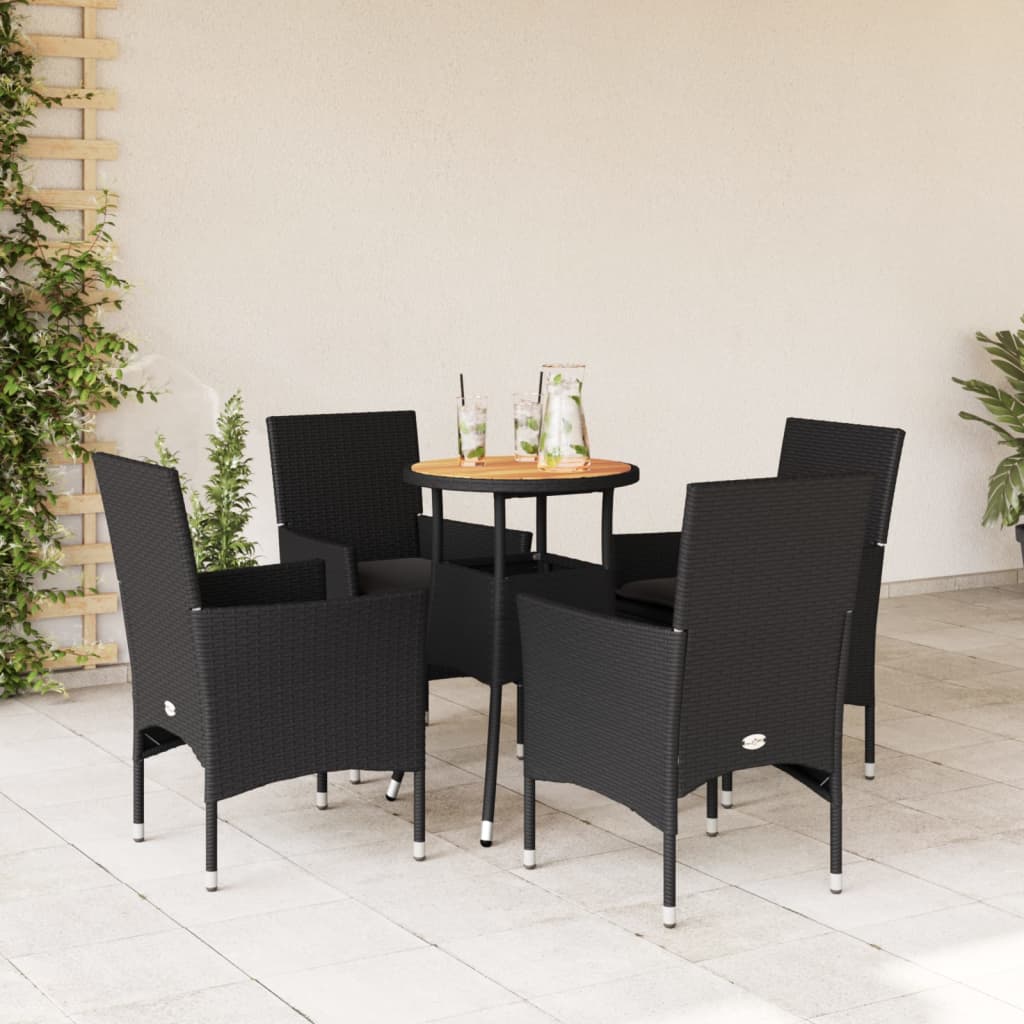 Set Pranzo da Giardino 5 pz con Cuscini Nero Polyrattan Acacia